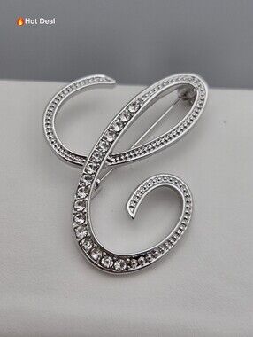 Silver Tone C Initial Brooch Cursive Script Crystal Rhinestone Pave Pin New 1.75